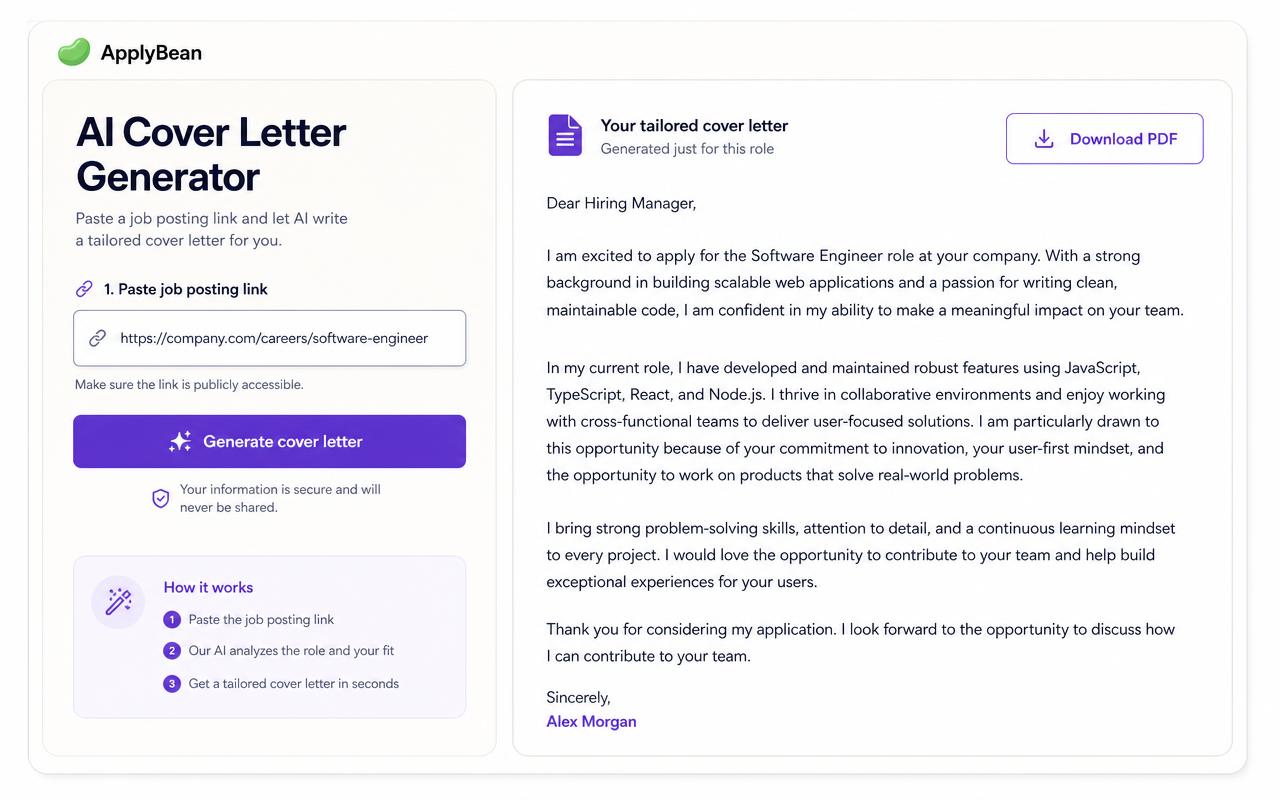 ApplyBean AI cover letter generator with a job posting link pasted on the left and a tailored cover letter ready to download as PDF on the right