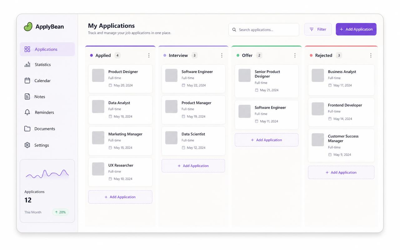 ApplyBean AI job application tracker kanban board with Applied, Interview, Offer and Rejected columns
