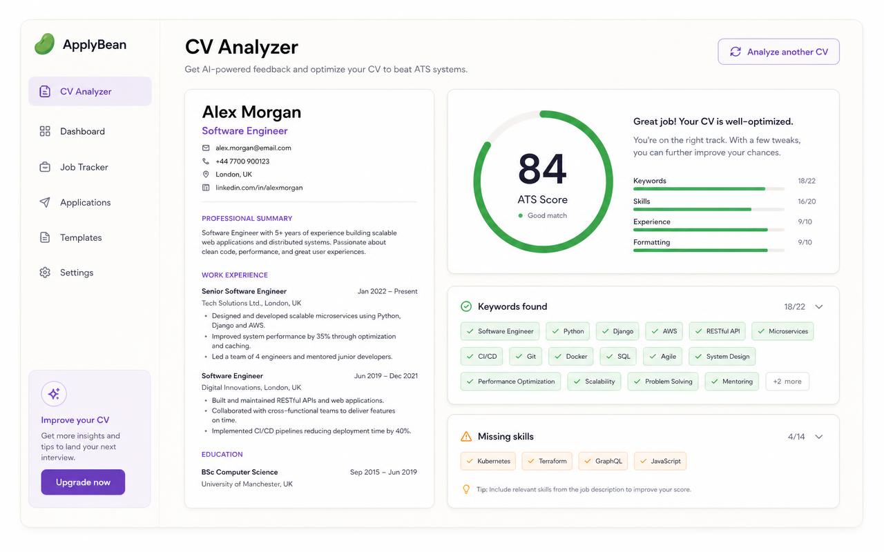 ApplyBean AI CV analyzer showing an ATS score of 84, keywords found and missing skills for a software engineer CV