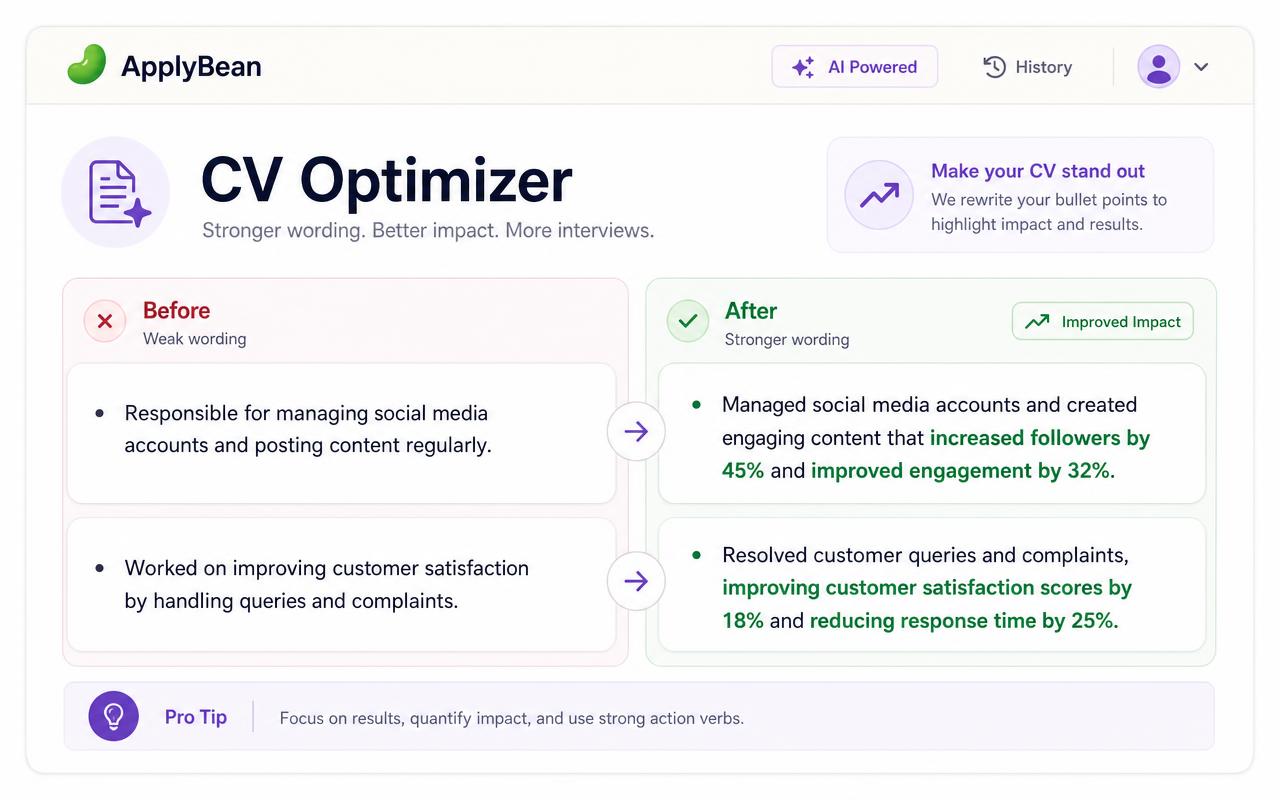 ApplyBean AI CV optimizer comparing weak resume bullet points before with stronger rewritten bullet points after