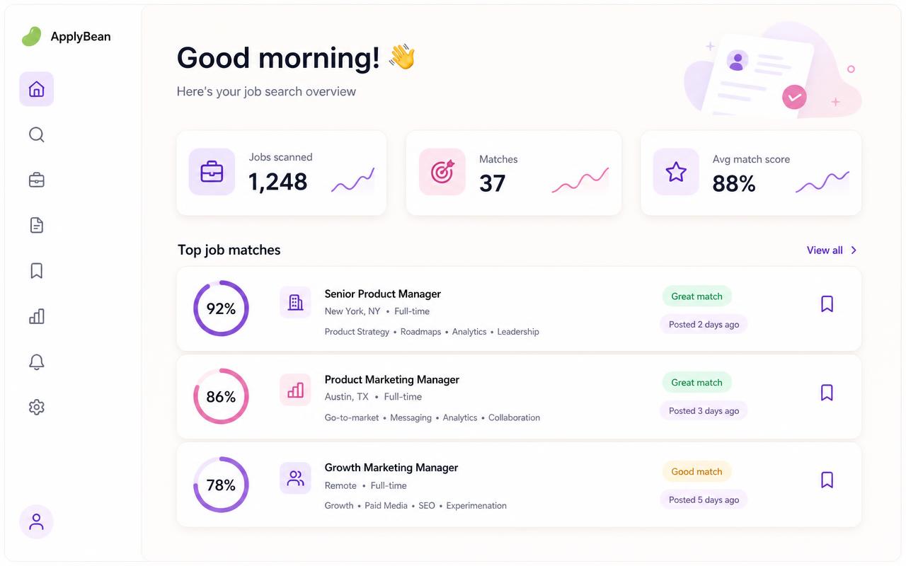 ApplyBean AI dashboard showing jobs scanned, number of matches and job cards with match scores of 92%, 86% and 78%