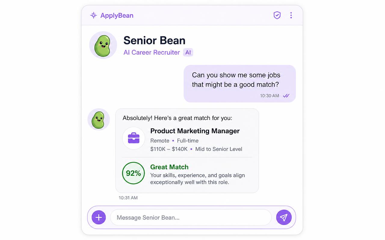 Chat with Senior Bean, the ApplyBean AI recruiter, suggesting a Product Marketing Manager role with a 92% match score